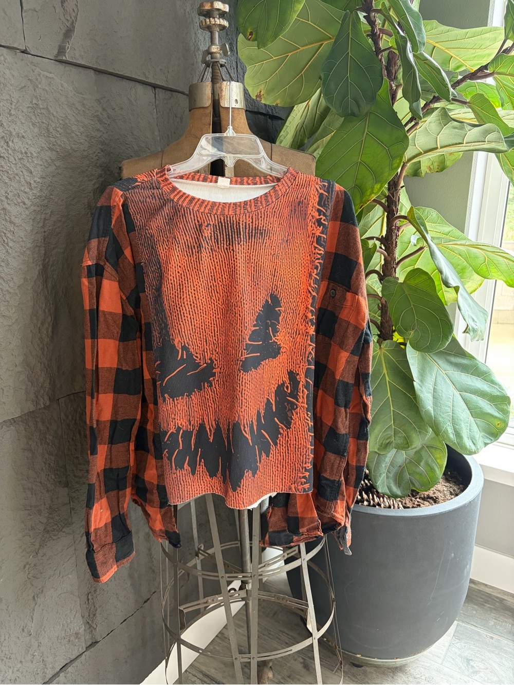 NOT PERFECT Orange & Black Plaid Women’s Long-Sleeve Top with Graphic Front.